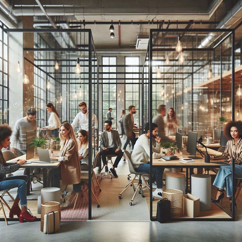 A modern, stylish coworking space filled with diverse entrepreneurs collaborating around sleek workstations and glass-walled conference rooms, bathed in warm natural light that highlights a vibrant, dynamic atmosphere of creativity and connection.