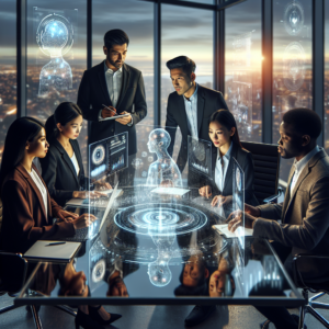 A cinematic editorial image showing a diverse team of professional investment managers collaborating around a sleek glass table with multiple transparent digital interfaces and AI data visualizations floating holographically above, set in a modern, high-tech office with cityscape views at dusk, emphasizing innovation, AI-driven insights, and strategic growth in finance.