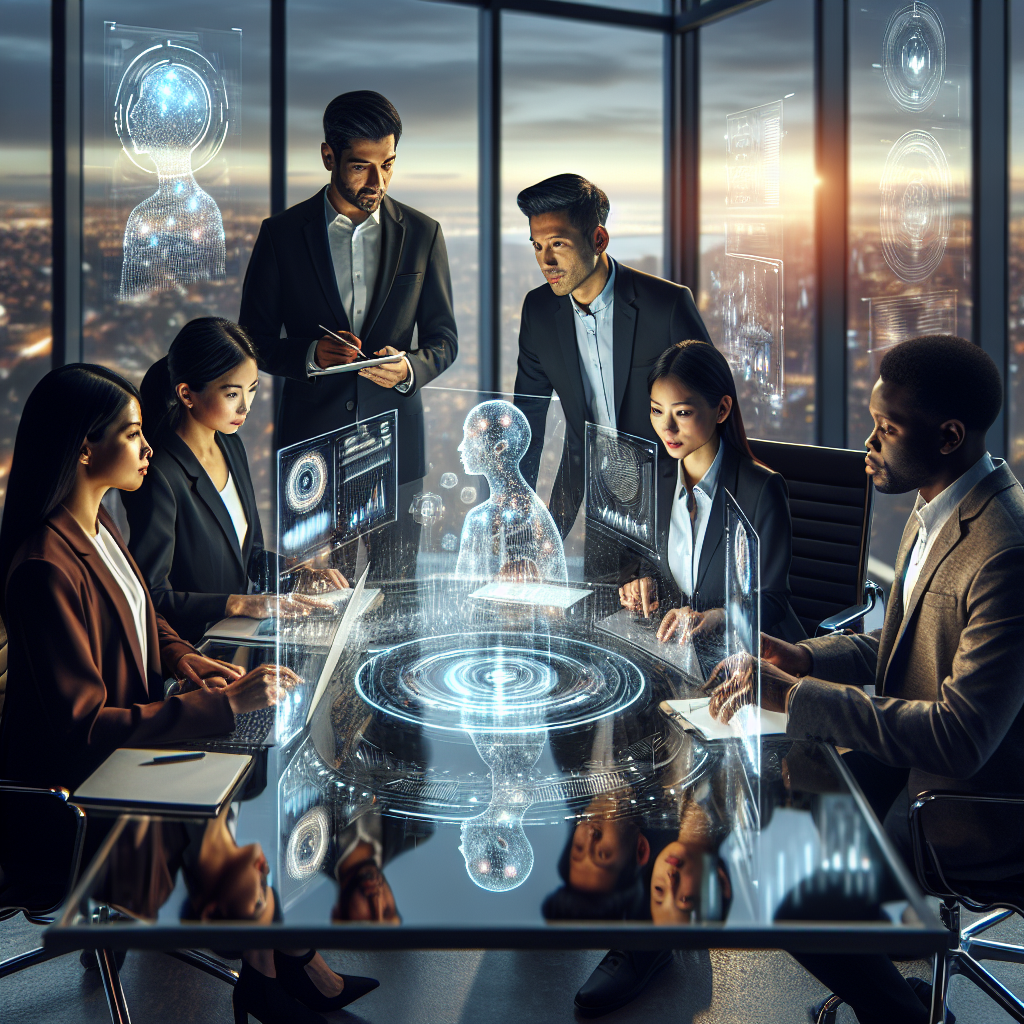 A cinematic editorial image showing a diverse team of professional investment managers collaborating around a sleek glass table with multiple transparent digital interfaces and AI data visualizations floating holographically above, set in a modern, high-tech office with cityscape views at dusk, emphasizing innovation, AI-driven insights, and strategic growth in finance.
