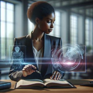 A focused, cinematic shot of a professional lawyer in a modern office, illuminated by soft natural light, intently interacting with a sleek digital interface displaying abstract holographic legal documents and AI data streams, conveying advanced technology seamlessly integrated into legal work.