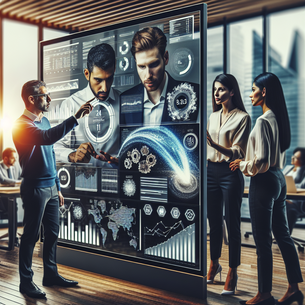 A dynamic, cinematic editorial photo of a diverse small business team collaborating around a sleek digital procurement dashboard on a large screen in a modern office, conveying strategic growth, efficiency, and data-driven decision-making in SMB procurement.