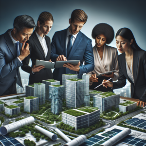A cinematic, editorial-style image of diverse business professionals collaborating over urban development blueprints and digital tablets, set against a backdrop of a modern sustainable cityscape with green rooftops and solar panels, symbolizing structured, responsible growth and innovation in sustainable urban scaling.