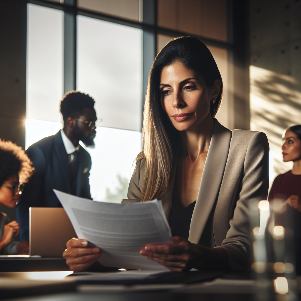 A focused, confident lawyer reviewing documents in a modern, sleek office with a small diverse team collaborating in the background, warm natural light casting cinematic shadows symbolizing growth and strategic planning.