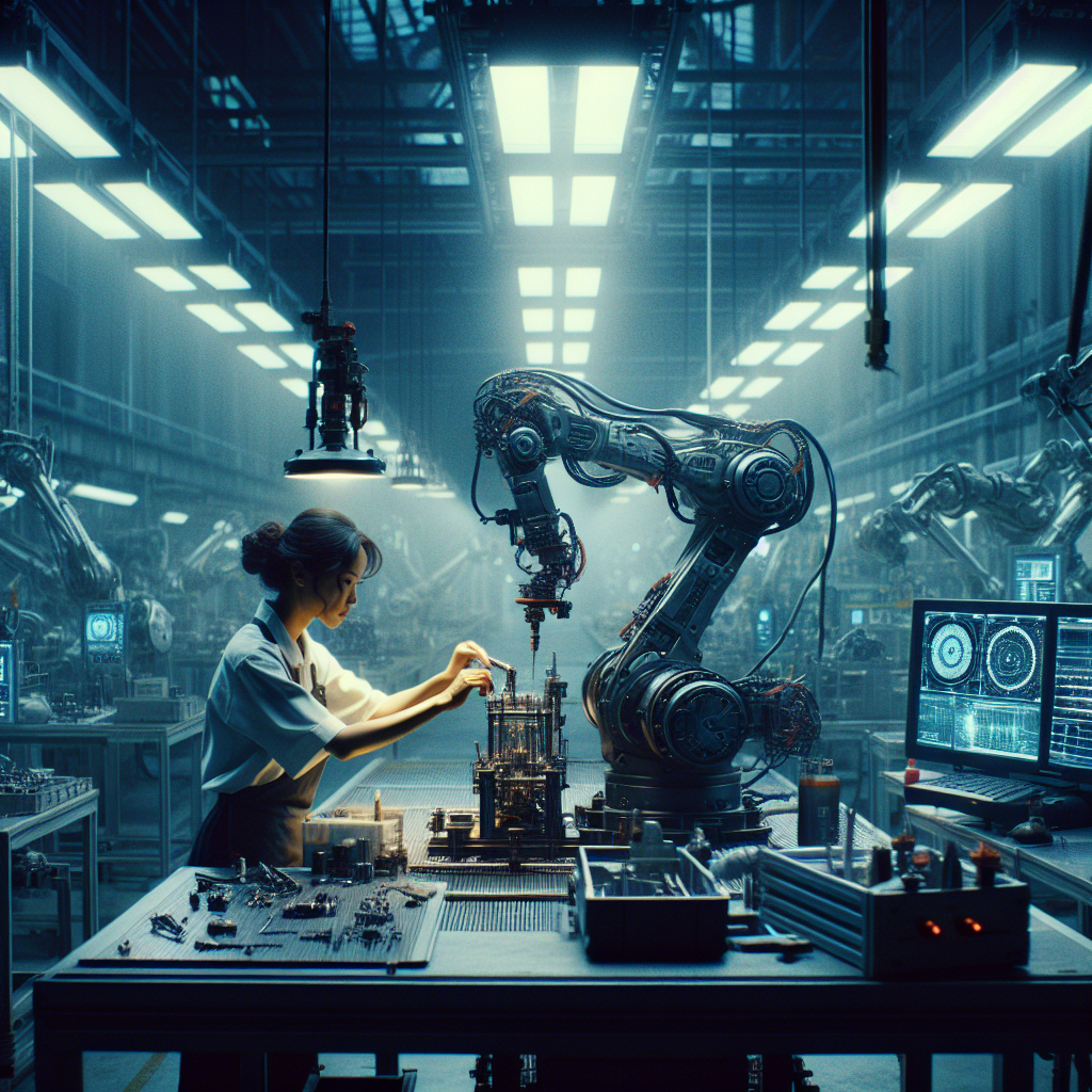 A cinematic editorial photograph of a skilled technician in a modern industrial factory repairing a complex robotic arm surrounded by advanced machinery and digital diagnostic displays, showcasing the critical role of maintenance in high-tech automation, with dramatic lighting emphasizing precision and futuristic technology.
