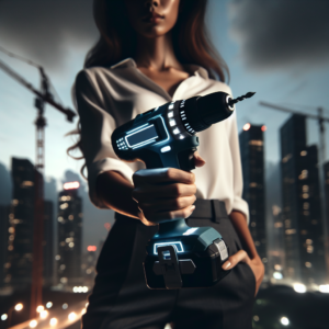 A cinematic, high-contrast editorial photograph of a modern cordless power drill glowing with subtle blue light, held by a confident professional in a dynamic construction site at dusk with cranes and skyscrapers softly blurred in the background, capturing innovation and growth in the evolving power tools market.