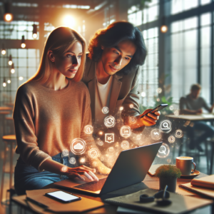 A cinematic editorial image showing a diverse small business owner and a creative entrepreneur collaborating over a laptop and smartphone, surrounded by social media icons subtly glowing around them, in a modern cozy workspace filled with warm natural light, conveying empowerment and innovation in social media marketing.