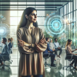 A confident, visionary CIO standing thoughtfully in a modern tech office, surrounded by diverse teams collaborating around transparent digital AI interfaces and data visualizations, bathed in soft cinematic lighting that emphasizes trust and innovation.