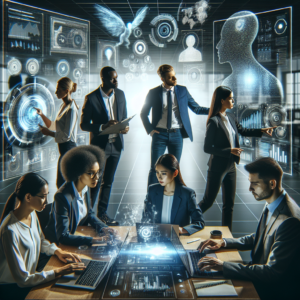 A dynamic, cinematic image of diverse business professionals collaborating over digital dashboards and holographic AI data interfaces in a modern office, symbolizing the seamless integration of AI workflows transforming enterprise resource planning systems.