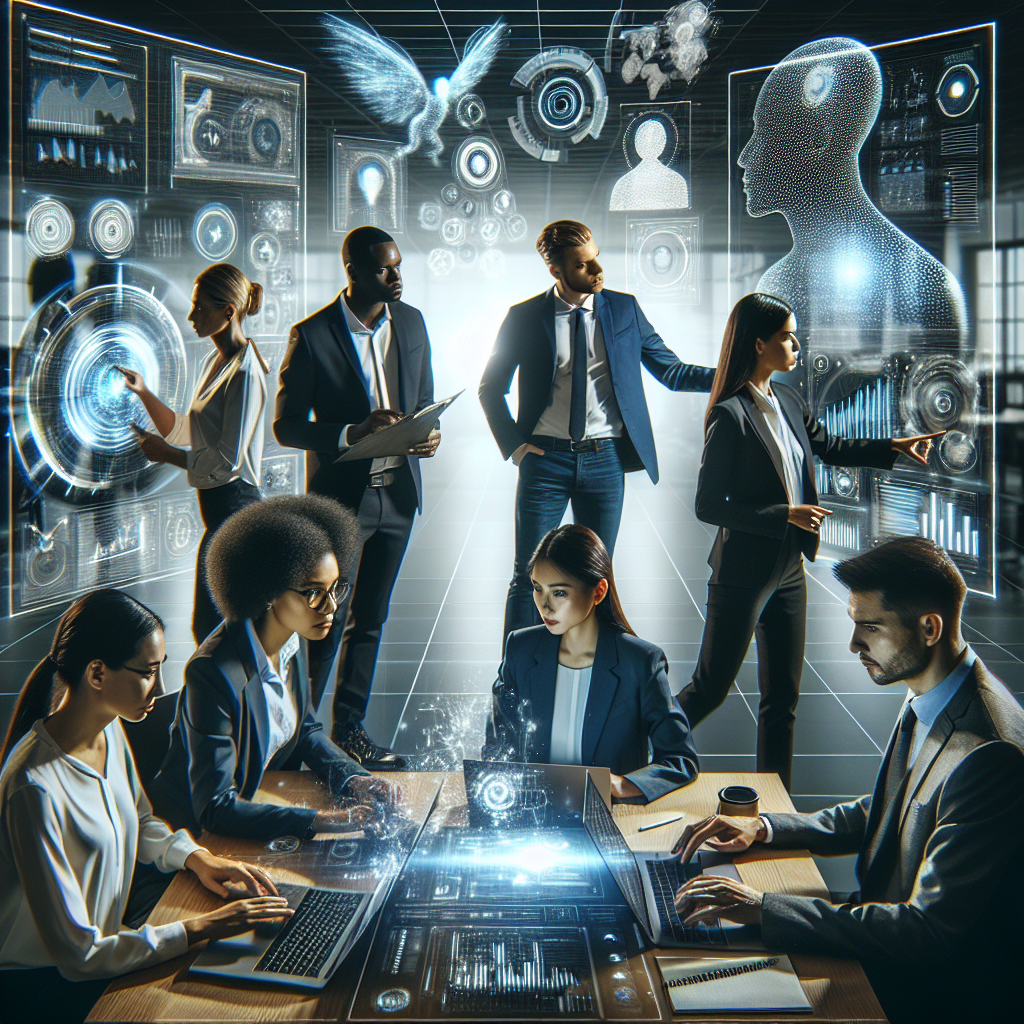 A dynamic, cinematic image of diverse business professionals collaborating over digital dashboards and holographic AI data interfaces in a modern office, symbolizing the seamless integration of AI workflows transforming enterprise resource planning systems.