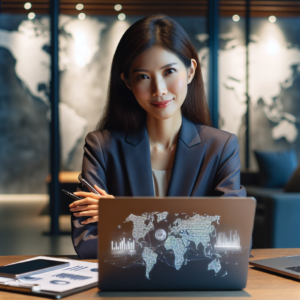A confident small business owner reviewing global market data on a sleek laptop in a modern office with a world map softly illuminated in the background, symbolizing SME international expansion through digital platforms.