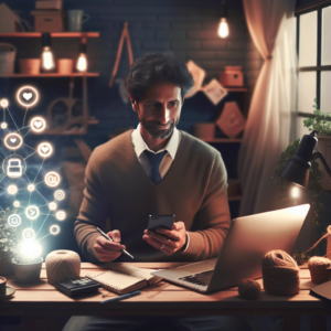 A cinematic editorial photo of a small business owner confidently using a smartphone and laptop in a cozy, modest workspace, surrounded by everyday tools and subtle social media icons glowing softly in the background to symbolize digital marketing unleashing potential in a “boring” business.