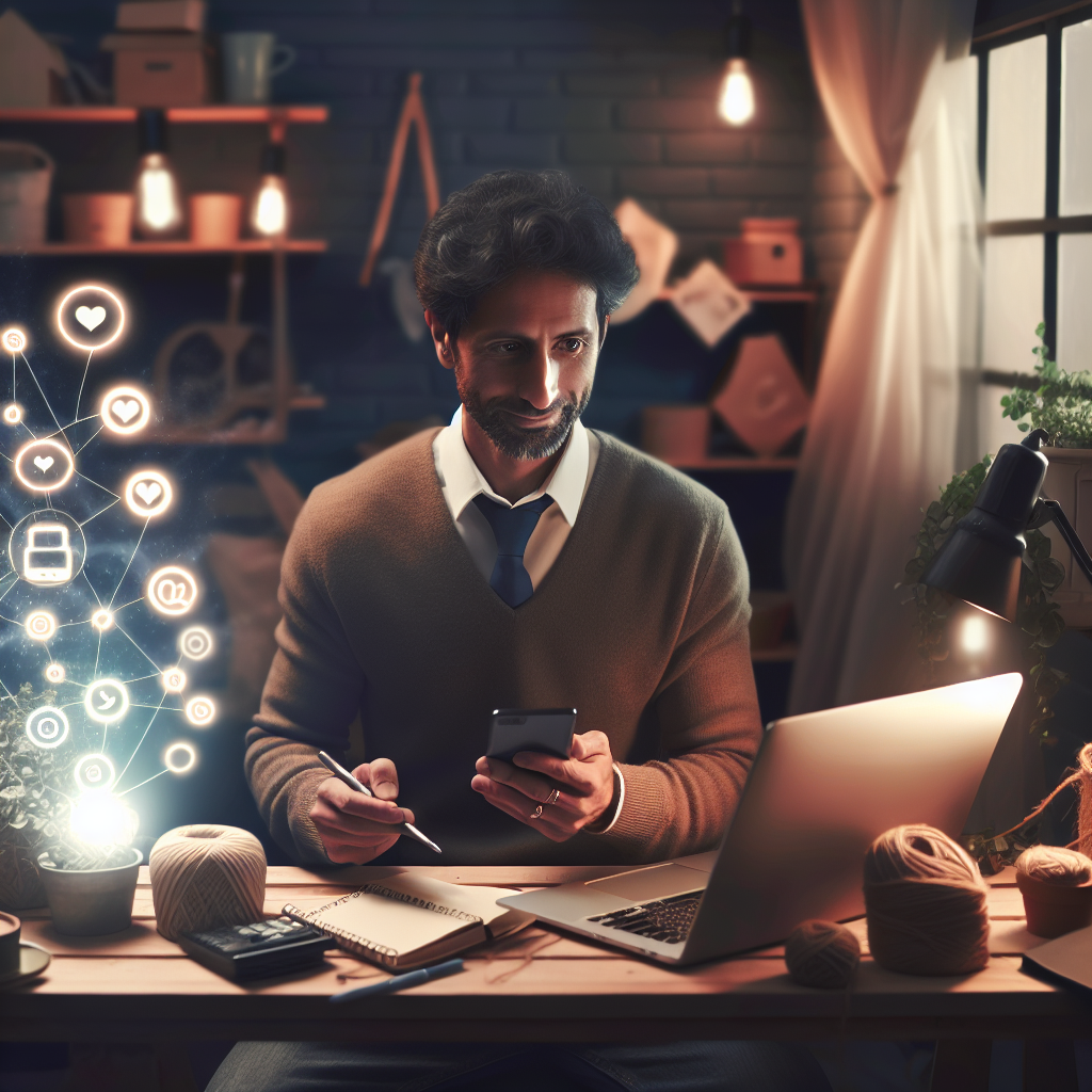 A cinematic editorial photo of a small business owner confidently using a smartphone and laptop in a cozy, modest workspace, surrounded by everyday tools and subtle social media icons glowing softly in the background to symbolize digital marketing unleashing potential in a “boring” business.