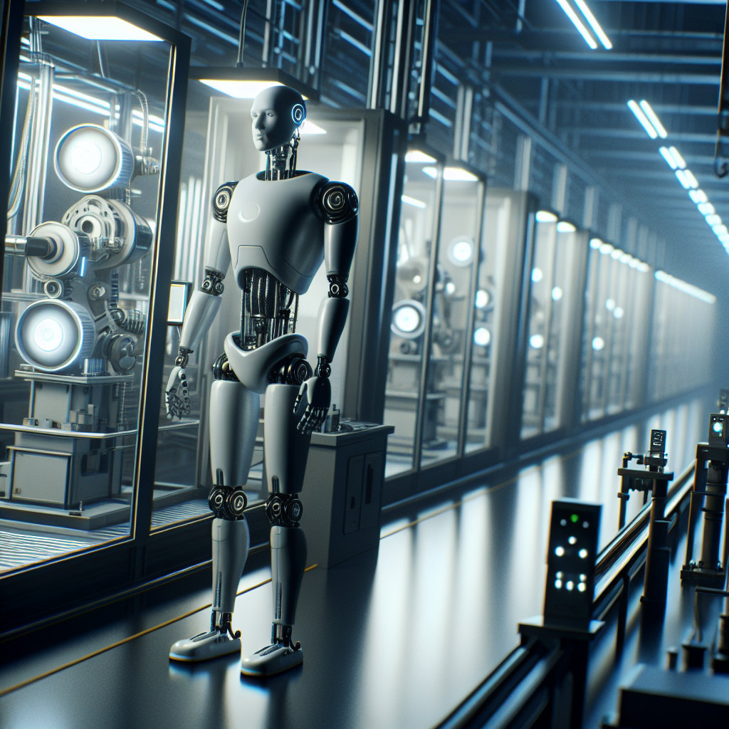 A cinematic factory interior with sleek, purpose-built industrial robots operating efficiently on the assembly line, while a humanoid robot stands idle in the shadows, highlighting the contrast between practical automation and futuristic but impractical humanoid designs.