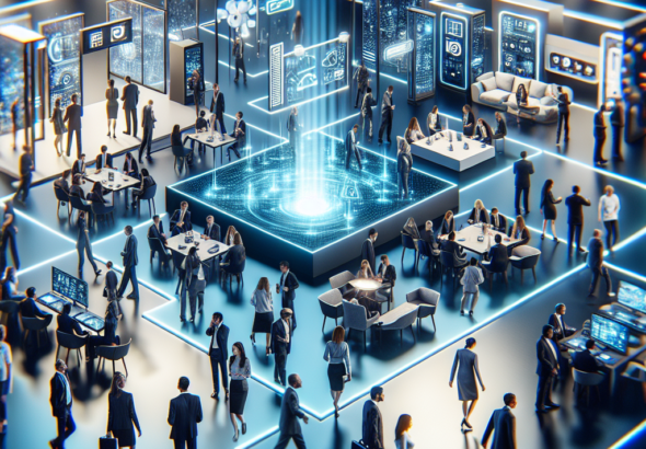 A dynamic, cinematic scene of a high-tech expo floor bustling with diverse professionals interacting around sleek smart home devices and AI-powered displays, illuminated by cool blue and white lighting that highlights futuristic technology and a sophisticated, collaborative atmosphere.