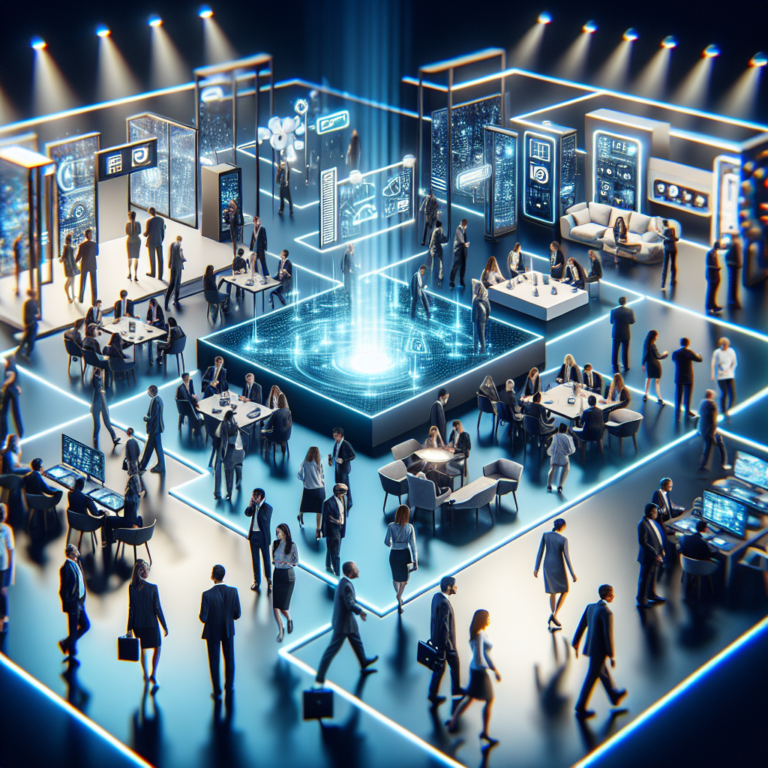 A dynamic, cinematic scene of a high-tech expo floor bustling with diverse professionals interacting around sleek smart home devices and AI-powered displays, illuminated by cool blue and white lighting that highlights futuristic technology and a sophisticated, collaborative atmosphere.