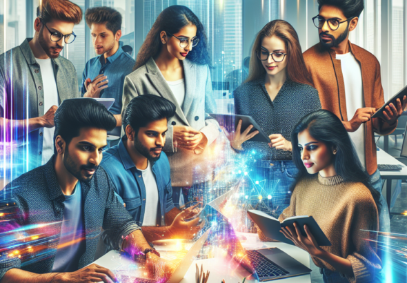 A cinematic editorial image of a diverse group of young Indian entrepreneurs collaborating in a modern, high-tech startup incubator workspace, featuring digital devices, brainstorming sessions, and vibrant energy reflecting innovation and growth across India’s startup ecosystem.