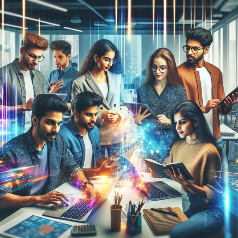 A cinematic editorial image of a diverse group of young Indian entrepreneurs collaborating in a modern, high-tech startup incubator workspace, featuring digital devices, brainstorming sessions, and vibrant energy reflecting innovation and growth across India’s startup ecosystem.