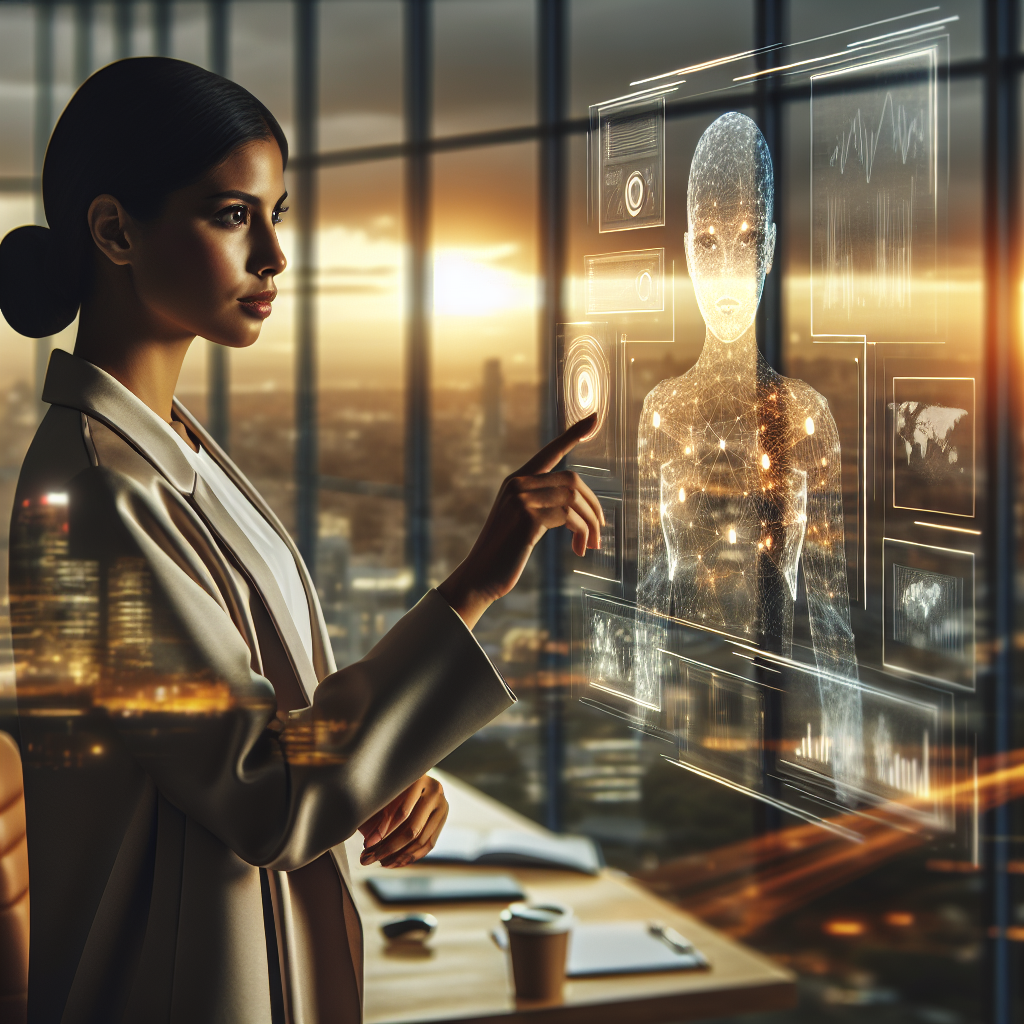 A dynamic, cinematic editorial image of a confident business executive reviewing futuristic AI-powered medical data on transparent digital screens in a modern, sleek office overlooking a city skyline at dusk, symbolizing the intersection of strategic finance and cutting-edge AI innovation in healthcare.