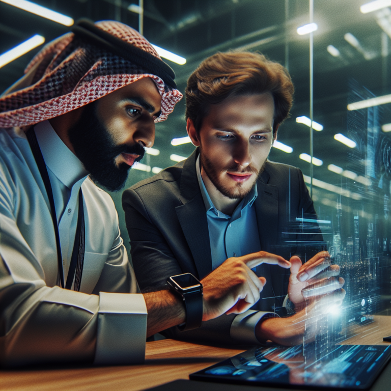A cinematic editorial photo of diverse tech entrepreneurs from Qatar and Ukraine collaborating intently over futuristic digital interfaces in a modern glass-walled office, symbolizing cross-border innovation and startup growth.