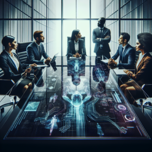 A cinematic editorial photograph of a diverse group of confident business executives in a modern glass-walled boardroom, engaged in a strategic discussion around a large digital touchscreen table displaying futuristic data and AI-inspired visuals, conveying leadership, innovation, and growth in a dynamic corporate environment.