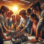 A dynamic, cinematic photograph of a diverse group of college students collaborating intensely over an advanced industrial automation setup with visible AI and PLC hardware components, set in a modern engineering lab with warm, focused lighting that highlights innovation and teamwork in action.