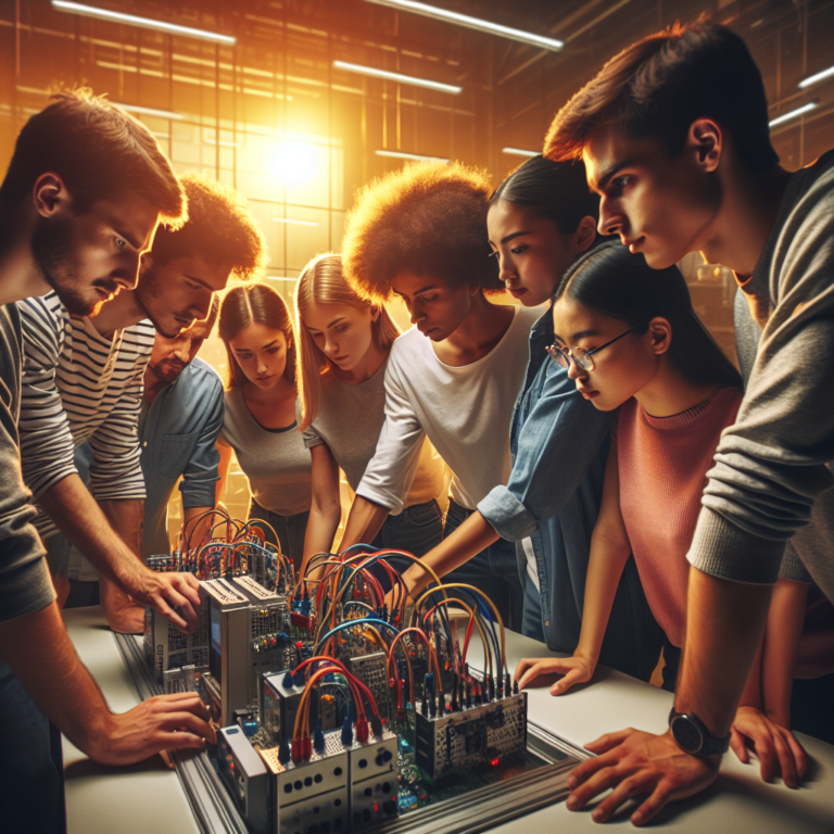A dynamic, cinematic photograph of a diverse group of college students collaborating intensely over an advanced industrial automation setup with visible AI and PLC hardware components, set in a modern engineering lab with warm, focused lighting that highlights innovation and teamwork in action.