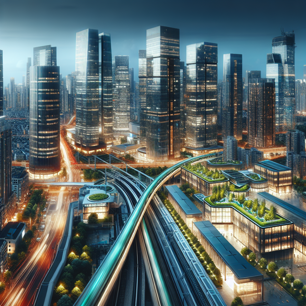 A dynamic aerial view of a modern Chinese city skyline at dusk, featuring illuminated skyscrapers with green rooftop gardens and solar panels, sleek high-speed trains in motion, and a futuristic tech campus bustling with professionals, symbolizing China’s leadership in business tourism, renewable energy, and artificial intelligence innovation.
