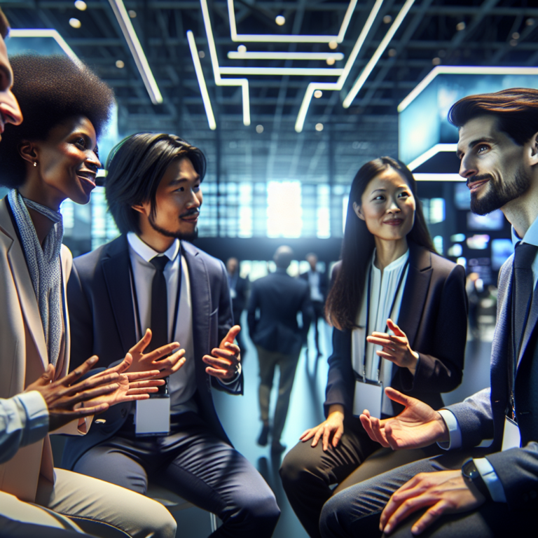 Diverse group of professional leaders and innovators engaged in dynamic conversation at a modern international conference venue, with cinematic lighting highlighting collaboration and technological displays subtly glowing in the background.