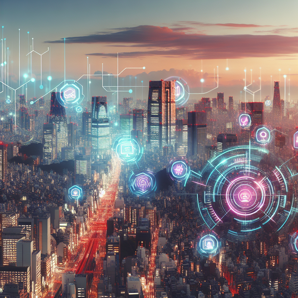 A cinematic, editorial-style photo of a modern Tokyo cityscape at dusk with glowing skyscrapers and digital overlays of futuristic technology symbols subtly integrated into the scene, capturing Japan’s dynamic startup ecosystem poised for global innovation and growth.