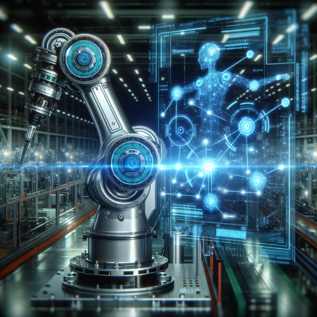 A cinematic close-up of a sleek industrial robot arm with glowing blue AI data streams and holographic interface elements subtly overlaid above a modern factory floor bathed in dramatic lighting, capturing the fusion of advanced robotics and artificial intelligence in industrial automation.
