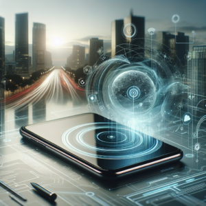 A sleek OPPO Reno15 smartphone glowing subtly on a modern desk with dynamic AI-inspired digital graphics swirling around it, set against a softly lit, stylish urban background that conveys cutting-edge technology meeting everyday life.