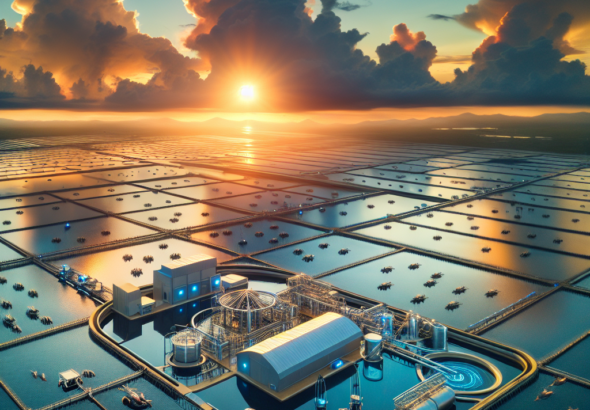 A cinematic aerial view of a modern shrimp farm at dawn with sleek, high-tech water sensors and automated feeding equipment subtly integrated into tranquil ponds, under a dramatic sky symbolizing the blend of advanced intelligent technology and natural aquaculture, conveying innovation, security, and sustainable farming.
