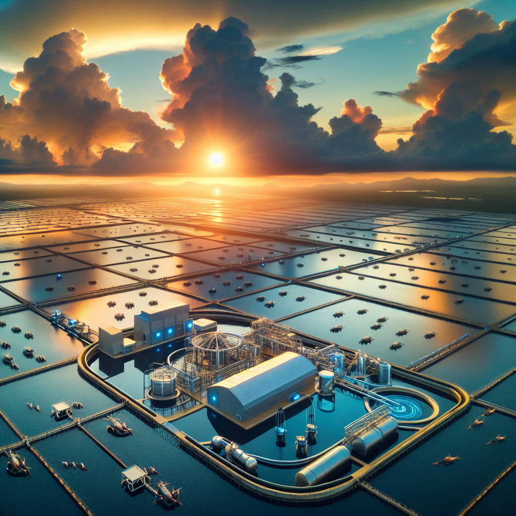 A cinematic aerial view of a modern shrimp farm at dawn with sleek, high-tech water sensors and automated feeding equipment subtly integrated into tranquil ponds, under a dramatic sky symbolizing the blend of advanced intelligent technology and natural aquaculture, conveying innovation, security, and sustainable farming.