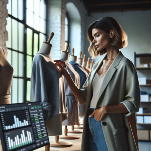 A cinematic editorial photograph of a modern fashion designer in a sleek studio, thoughtfully reviewing sustainable clothing samples on mannequins alongside digital screens displaying sales and inventory data, with natural light highlighting eco-friendly fabrics and a minimalist workspace symbolizing innovative, responsible fashion production balancing sustainability and profitability.