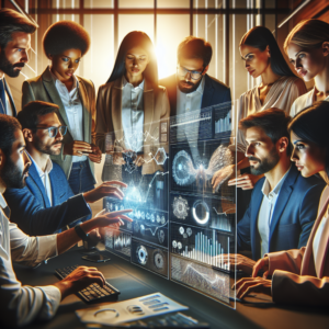 A cinematic, editorial-style image of a diverse group of professionals collaborating around a sleek digital interface displaying dynamic data visualizations and AI-powered graphs, set in a modern office with warm lighting, illustrating the fusion of AI and innovation transforming contemporary business models.