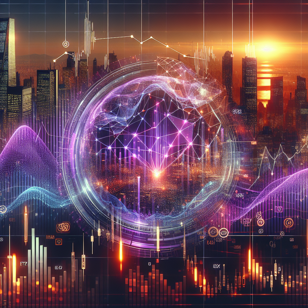 A dynamic, cinematic editorial image of a sleek digital stock market interface with glowing AI-inspired neural network patterns overlaying transparent ETF fund charts and custom index graphs, set against a futuristic city skyline at dusk symbolizing innovation in finance.