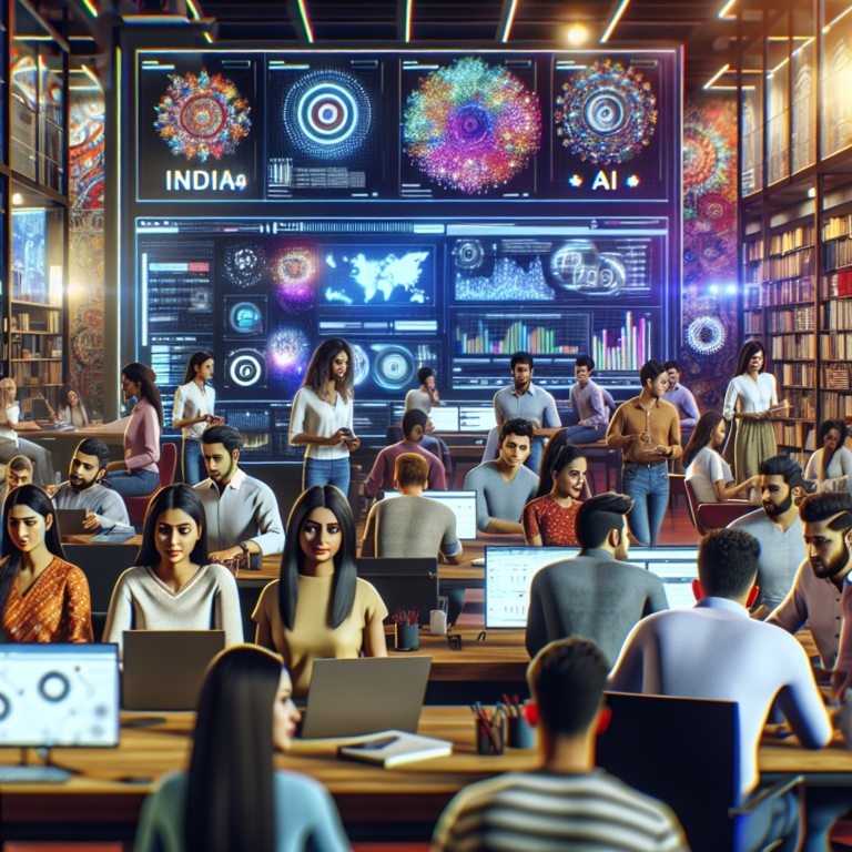 A cinematic editorial image of a diverse group of young Indian marketers collaborating in a modern digital workspace filled with multiple screens displaying dynamic social media analytics and AI-driven insights, highlighting the fusion of advanced technology and vibrant cultural elements in India’s evolving social media marketing landscape.