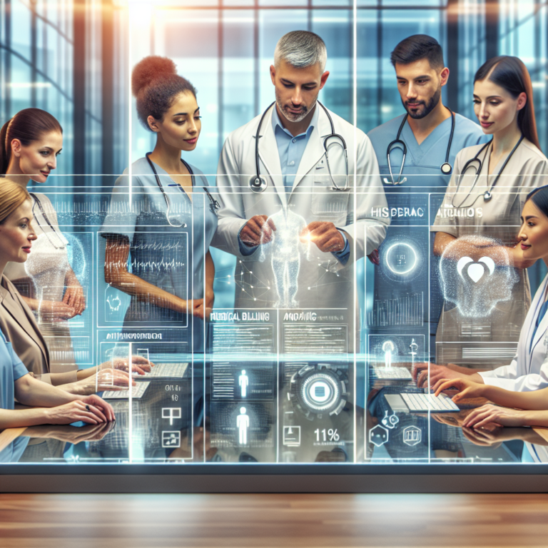 Cinematic editorial image of a diverse group of healthcare professionals and data analysts collaborating intently around futuristic transparent digital screens displaying complex medical billing and AI analytics, set in a sleek, modern hospital office with soft natural lighting and a focused atmosphere symbolizing artificial intelligence revolutionizing revenue cycle management.