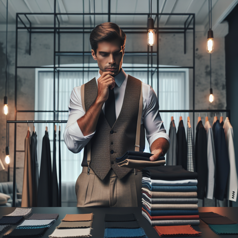 A cinematic editorial photo of a thoughtful fashion designer reviewing small, carefully curated clothing samples in a modern studio surrounded by sustainable fabric swatches and minimalist racks, symbolizing smart production and balance between profitability and reducing waste.