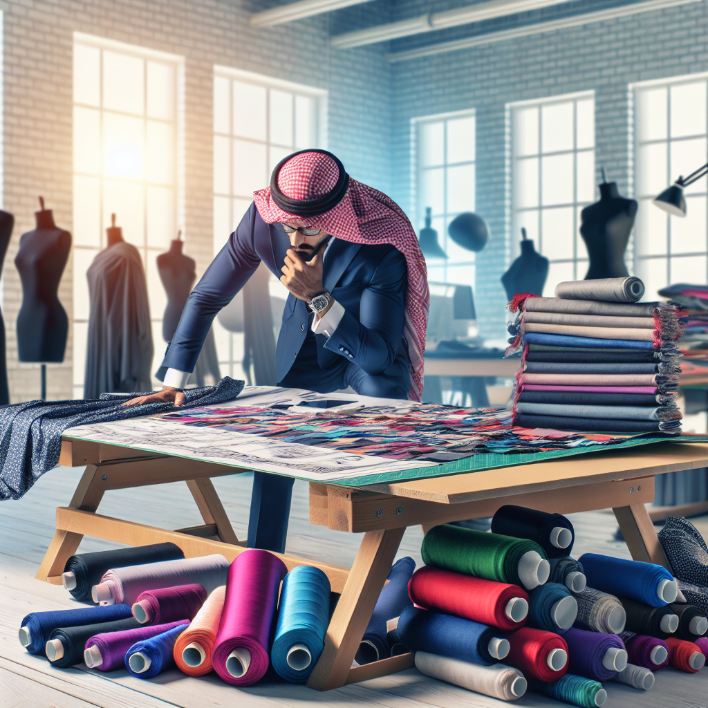 A cinematic editorial photograph of a fashion designer analyzing a limited stock of sustainable clothing samples in a bright, modern studio cluttered with fabric rolls and sketches, symbolizing the balance between creativity, eco-conscious production, and profitability in the fashion industry.