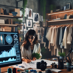 A cinematic editorial photograph of a stylish fashion designer sketching sustainable clothing concepts in a modern studio filled with eco-friendly fabrics, digital screens displaying data analytics, and a rack of limited-edition garments symbolizing innovative, low-waste production methods.