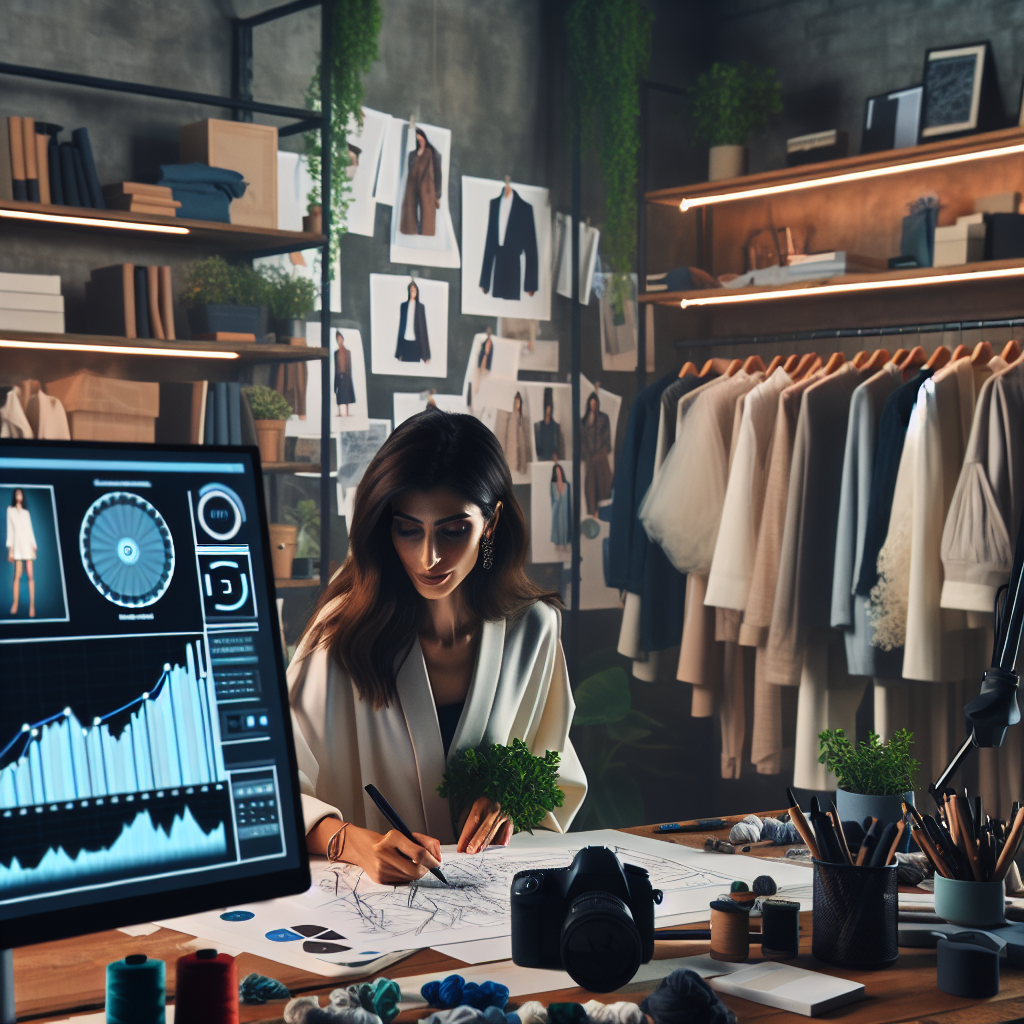 A cinematic editorial photograph of a stylish fashion designer sketching sustainable clothing concepts in a modern studio filled with eco-friendly fabrics, digital screens displaying data analytics, and a rack of limited-edition garments symbolizing innovative, low-waste production methods.