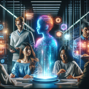 A dynamic, cinematic editorial scene of a diverse team collaborating in a modern office with glowing holographic AI data and content strategy visuals floating above a sleek digital workspace, blending human creativity and advanced technology in seamless harmony.