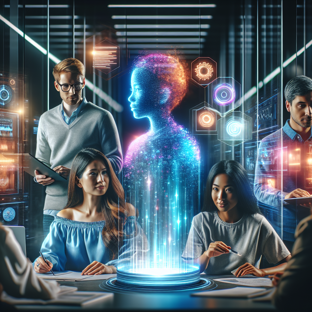 A dynamic, cinematic editorial scene of a diverse team collaborating in a modern office with glowing holographic AI data and content strategy visuals floating above a sleek digital workspace, blending human creativity and advanced technology in seamless harmony.