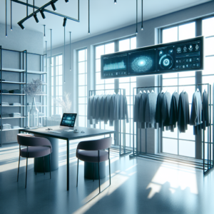 A cinematic editorial image showing a sleek fashion showroom with racks of stylish clothing on one side and a digital inventory dashboard glowing on a screen nearby, illuminated by soft natural light streaming through large windows, symbolizing the balance of sustainability, technology, and profitability in fashion's evolving future.