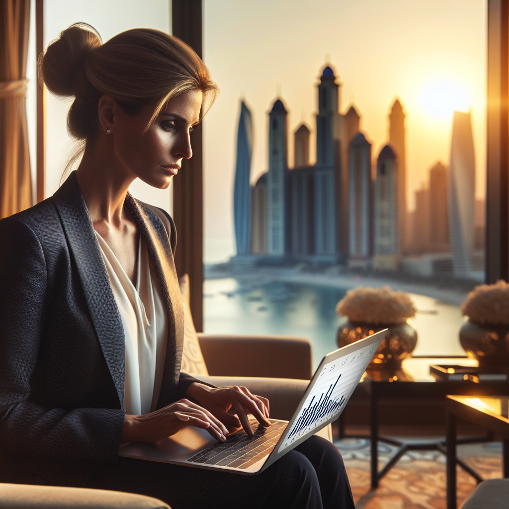 A sophisticated business executive reviewing financial charts on a sleek laptop inside a luxurious, sunlit hotel lounge overlooking an exotic skyline, conveying the intersection of high-end travel and strategic foreign exchange management.