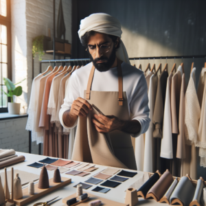 A cinematic editorial image of a fashion designer in a modern studio thoughtfully examining limited, eco-friendly fabric swatches and small garment samples, surrounded by minimalist clothing racks with carefully curated pieces that highlight sustainable, low-waste fashion production.