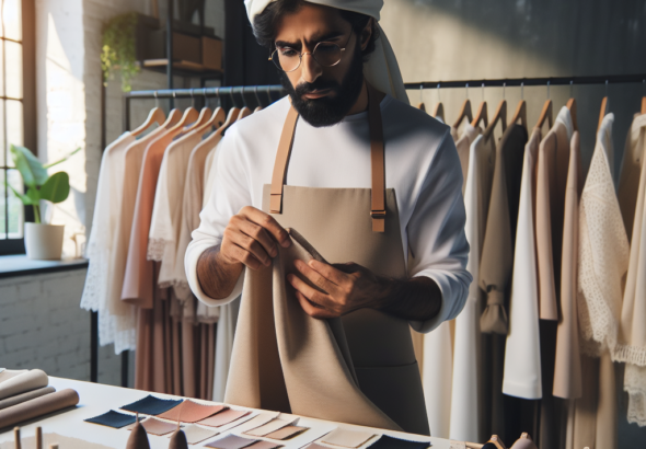 A cinematic editorial image of a fashion designer in a modern studio thoughtfully examining limited, eco-friendly fabric swatches and small garment samples, surrounded by minimalist clothing racks with carefully curated pieces that highlight sustainable, low-waste fashion production.