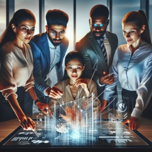 A dynamic, cinematic editorial image of confident business professionals in a modern office setting collaboratively analyzing growth charts and digital data on sleek transparent screens, symbolizing Odontoprev’s innovative expansion and ecosystem integration empowering SMEs.