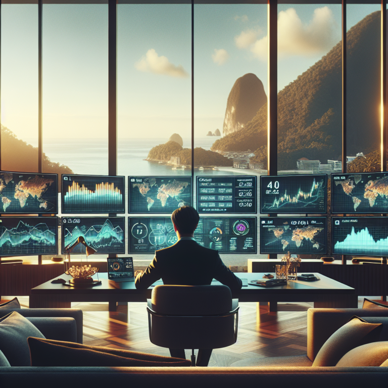 A cinematic editorial photograph of a sophisticated luxury travel consultant analyzing global currency exchange data on multiple sleek screens in a modern, elegant office overlooking an exotic seaside resort, with soft natural light highlighting elements symbolizing international travel and finance.